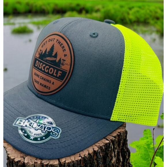 Disc Golf Leather Patch Hat Custom Trucker Hat Bang Chains Gry/Neon Yellow - Picture 3 of 6